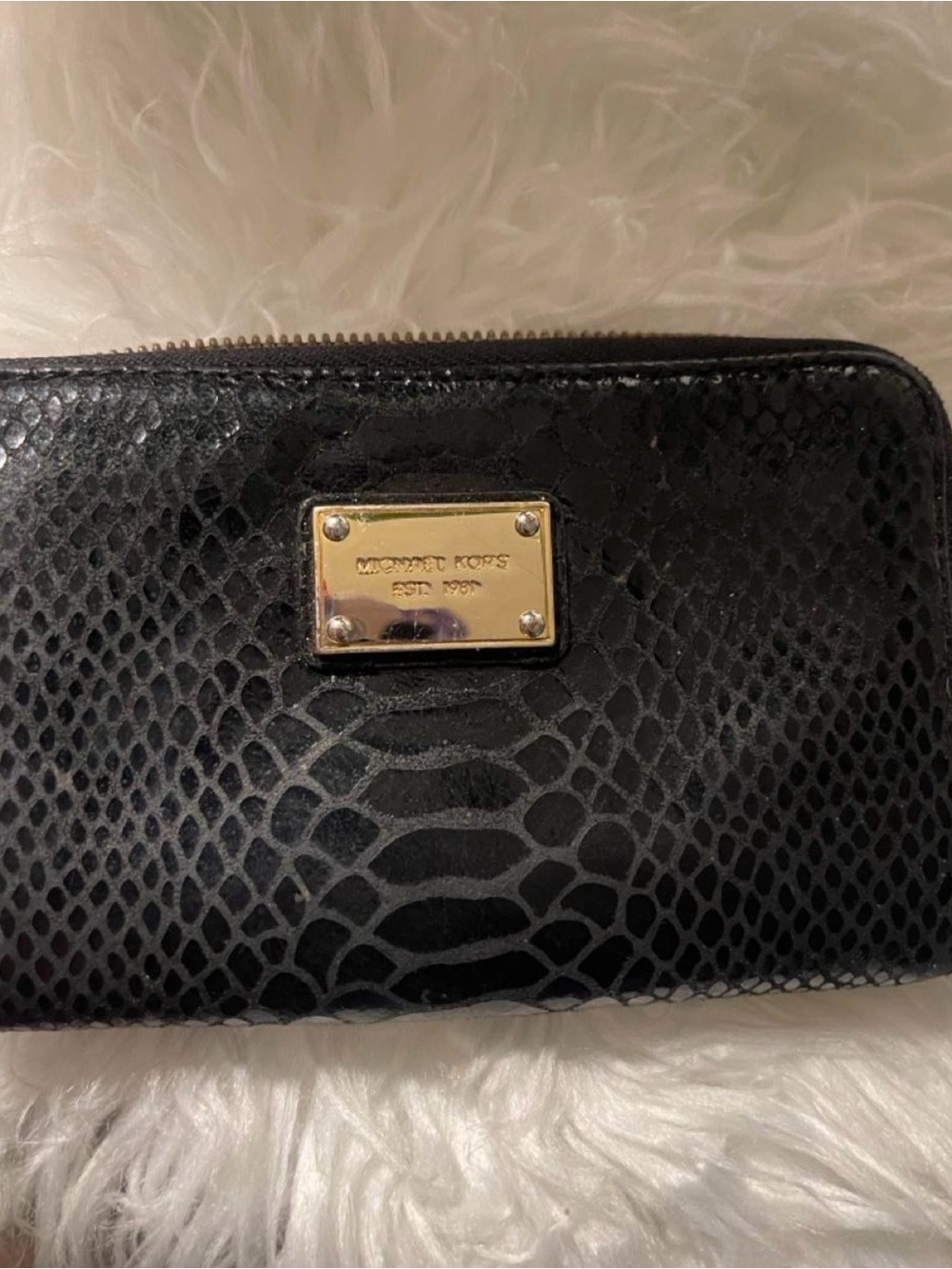 Michael Kors Black Snake-Embossed Zip-Around Wallet with Gold Plaque